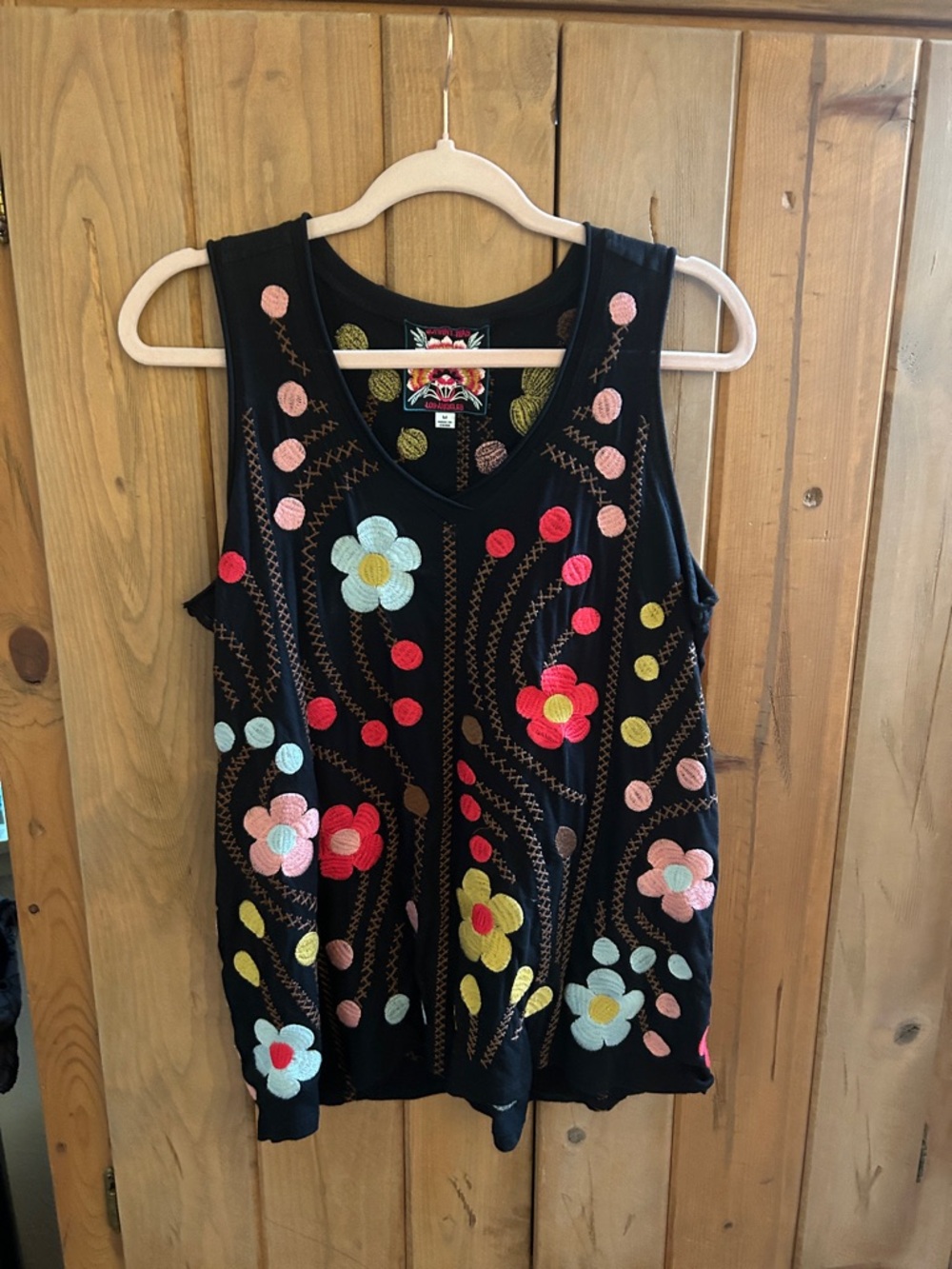 Johnny Was Black Embroidered Floral Tank with Multicolor Flowers